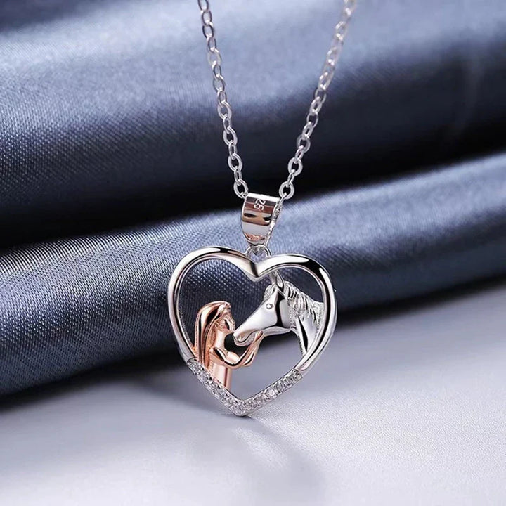 Beautiful Heart Zircon Girl and Horse Necklace