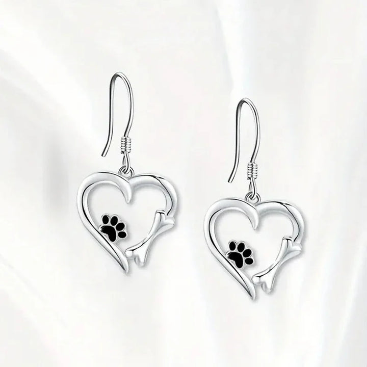 Silver Drop Earrings with Heart & Paw Design