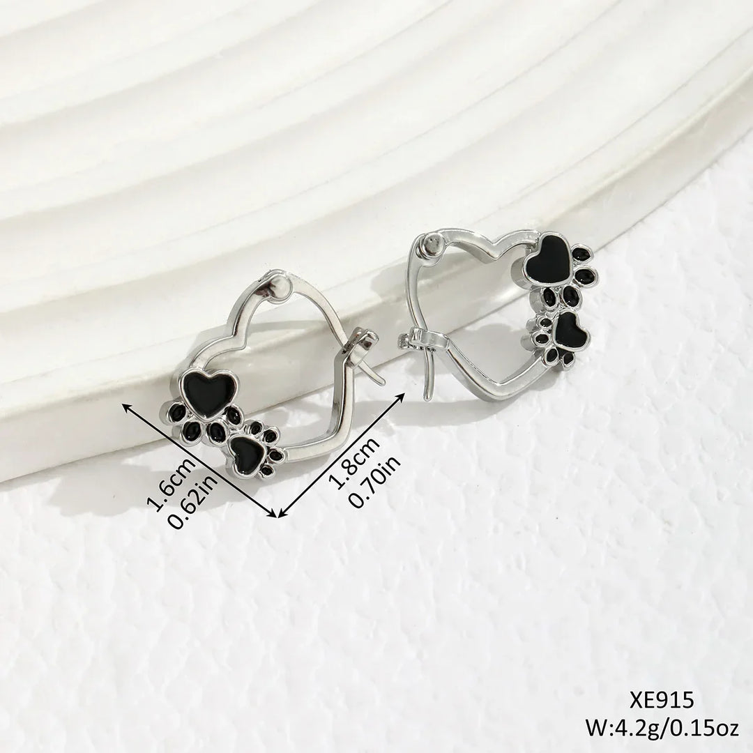 Heart Paw Huggie Earrings with Black Enamel